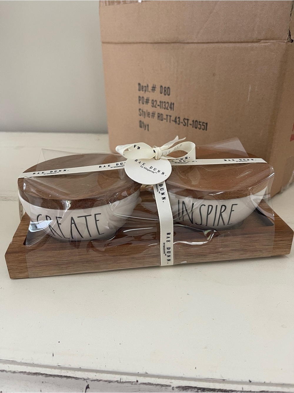 Rae Dunn White Ceramic 'Create' & 'Inspire' Bowls with Brown Wood Lids on Tray